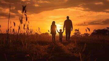 ai génératif silhouette de content famille en marchant dans le Prairie à le coucher du soleil mère père et enfant fils ayant amusement en plein air profiter temps ensemble famille l'amour mental santé et content mode de vie co photo