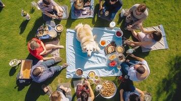 ai génératif souriant copains dans le parc avec nourriture sur le table en train de regarder sport Jeu sur une tablette PC sur une ensoleillé journée avec leur chien caucasien gens gens la nature animal La technologie et vieil photo