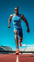 ai génératif des sports homme courir et sauter faire des exercices sur fonctionnement Piste dans le stade plein longueur coup de en bonne santé Jeune africain homme sprint en plein air sportif mode de vie concept photo