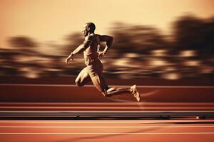 ai génératif des sports homme courir et sauter faire des exercices sur fonctionnement Piste dans le stade plein longueur coup de en bonne santé Jeune africain homme sprint en plein air sportif mode de vie concept photo