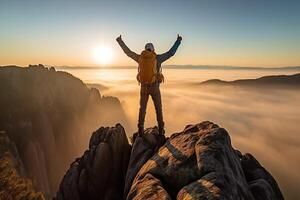 ai génératif Succès promeneur randonnée sur lever du soleil Montagne de pointe montrer du doigt à le ciel photo