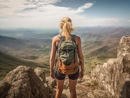 ai génératif réussi promeneur femme avec sac à dos sur le Haut de le Montagne à la recherche le horizon photo