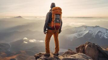 ai génératif réussi homme randonnée montagnes promeneur avec sac à dos escalade sur le Haut de le Roche à le coucher du soleil Succès sport et de motivation concept photo