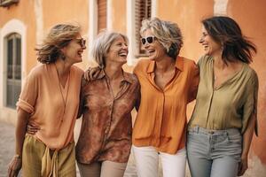 ai génératif Trois mature femmes en mangeant la glace crème cône à l'extérieur plus âgée femelle copains ayant amusement en marchant sur ville rue joyeux personnes âgées mode de vie concept photo