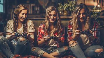 ai génératif Trois femmes en jouant vidéo Jeux séance sur canapé à Accueil content copains ayant amusement avec social Jeux La technologie et jeunesse culture concept photo