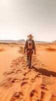 ai génératif voyageur femme en marchant dans une rocheux désert en portant chapeau et sac à dos à le coucher du soleil photo