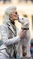 ai génératif blanc chien est embrasser ses propriétaire Extérieur caucasien gens gens animal la nature et mode de vie concept photo