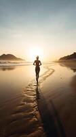 ai génératif femme en marchant sur le plage profiter le coucher du soleil inspirant concept à propos Succès Voyage et santé photo