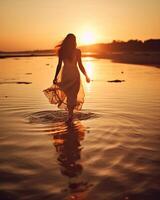 ai génératif femme en marchant sur le plage profiter le coucher du soleil inspirant concept à propos Succès Voyage et santé photo