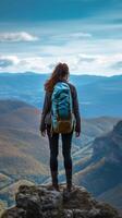 ai génératif femme avec sac à dos randonnée montagnes promeneur escalade sur le Haut de le falaise sport Succès direction et mode de vie concept photo