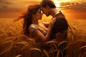 ai génératif Jeune couple embrasser sur le Contexte de une le coucher du soleil dans le blé champ photo