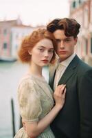 ai génératif Jeune couple de les amoureux prise une selfie portrait à piazza san marco dans Venise Italie aimant gens sont embrasser Extérieur ancien filtre photo