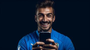 ai génératif Jeune Football Supporter ventilateur applaudissement en train de regarder football rencontre à Accueil content homme prise une selfie portrait à Accueil sport divertissement et gens concept photo