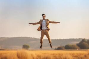 ai génératif Jeune content homme sauter sur une blé champ Succès et bonheur concept photo