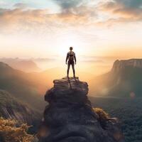 ai génératif Jeune promeneur homme permanent sur Haut de falaise dans été montagnes à le coucher du soleil et profiter vue de la nature photo