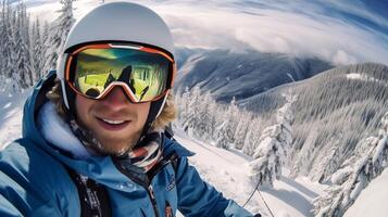 ai génératif Jeune homme prise selfie image avec intelligent cellule téléphone randonnée Montagne sur neigeux pente content skieur ayant amusement dans ski recours vacances hiver mode de vie extrême sport et content gens photo