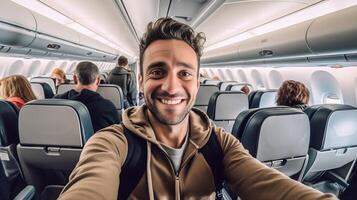 ai génératif Jeune homme portant protecteur visage masque prise selfie portrait séance sur le avion siège près le fenêtre pendant le vol dans le avion Voyage sans pour autant restrictions concept photo