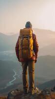 ai génératif Jeune homme avec sac à dos permanent sur le Haut de une Montagne à le coucher du soleil buts et réalisations photo