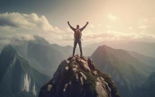 ai génératif Jeune homme avec sac à dos permanent sur le Haut de une Montagne à le coucher du soleil buts et réalisations photo