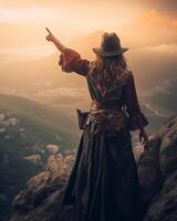 ai génératif Jeune femme randonnée sur le Haut de le Montagne montrer du doigt avec le doigt à le le coucher du soleil photo
