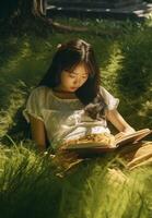 ai génératif fille en train de lire une livre mensonge sur le herbe gens éducation la nature et mode de vie concept photo