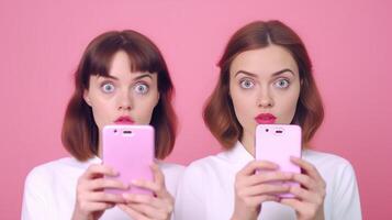 ai génératif deux attrayant caucasien les filles sont prise une selfie concept à propos gens mode de vie et La technologie photo