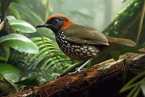 ai génératif mignonne bébé oiseau oiseau de bleuté pitta pitta nipalensis du repos sur branche dans le la nature photo