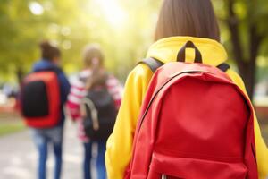 ai généré premier journée élémentaire école groupe peu des gamins écoliers élèves élèves ensemble Aller Université classe leçon étude apprendre rouge sacs à dos retour voir. Nouveau académique semestre année début photo