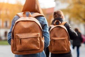 ai généré premier journée élémentaire école groupe peu des gamins écoliers élèves élèves ensemble Aller Université classe leçon étude apprendre sacs à dos retour voir. Nouveau académique semestre année début primaire photo