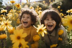 ai généré deux content les enfants Jaune camomille fleurs rue la nature à l'extérieur des gamins souriant en riant prendre plaisir amusement joie enfance jardin printemps ensoleillement de bonne humeur garçons frères champ parc Floraison saison herbes photo