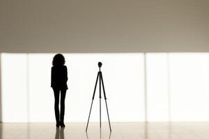 ai généré portrait silhouette la personne femme femelle modèle pose photographe professionnel moderne caméra studio élégant mode magazine photo tirer. pro équipement blanc Contexte espace texte
