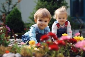 ai généré portrait souriant peu caucasien nourrissons les tout-petits des gamins les enfants garçon fille frère sœur en jouant ensemble à l'extérieur fleur jardin cour. parentalité content enfance écologie la nature photo