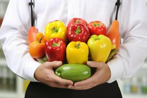 ai généré chef en portant Frais des légumes homme achats des fruits mains Naturel agriculteur régime les courses nourriture fraîcheur poignée nettoyer cultivé juteux légume en forme biologique en bonne santé vitaminé des produits photo