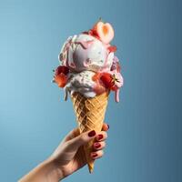 ai généré la glace crème cône sur une bleu Contexte. le femme en portant le la glace crème par main. photo