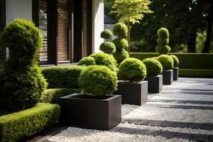 ai généré professionnellement paysager arrière-cour jardin avec uniformément tondu pelouse et taillé arbustes. photo