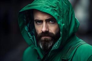 ai généré Pour des hommes mode et beauté. portrait de une Beau brutal homme avec une barbe et vert veste avec une capot. photo