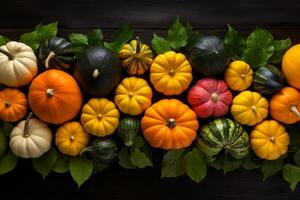 ai généré Haut vue beaucoup la diversité des légumes entier Orange vert différent citrouille formes Halloween Contexte concept lanterne fête tomber récolte gourdes l'automne action de grâces décoration conception nourriture photo