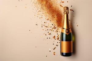 ai généré Créatif Noël Nouveau année flou Contexte d'or étincelant brillant Champagne pétillant du vin de l'alcool bouteille confettis vacances fête. fête anniversaire applaudissement salutation photo