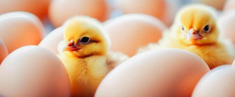 ai généré printemps poulets dans une champ avec fleurs, petit Jaune Pâques poussins photo