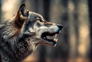 ai généré fermer de le sourire de un mal Loup sur une blanc Contexte. photo