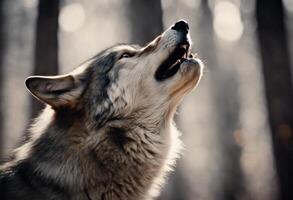 ai généré sinistre Loup shifter avec rouge yeux dans sombre nuit forêt enveloppé dans brume, effrayant loup-garou sourire dans de mauvais augure foncé les bois prêt pour attaque victime, mal loup-garou chasseur avec rouge yeux photo