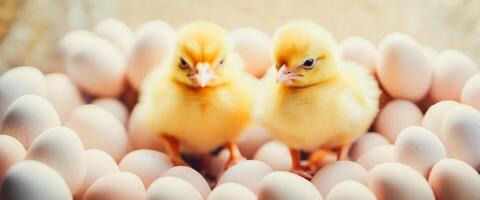 ai généré printemps poulets dans une champ avec fleurs, petit Jaune Pâques poussins photo