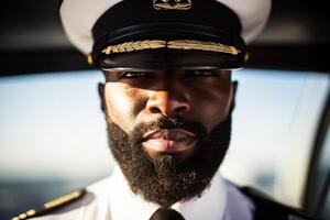 ai généré proche en haut portrait sérieux sur de soi africain américain mature homme Masculin gars capitaine Marin croisière cargaison navire yacht chapeau uniforme pont à l'intérieur. marine marchande officier marin armée la navigation photo