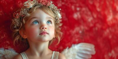 ai généré bannière rêveur Jeune ange avec bleu yeux et floral tiare sur rouge photo