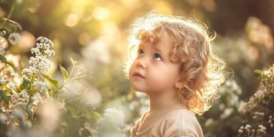 ai généré aux cheveux bouclés enfant dans lumière du soleil, entouré par blanc fleurs, magique atmosphère. photo