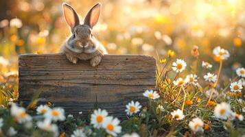 ai généré charmant lapin perché sur rustique en bois signe au milieu de une épanouissement Marguerite Prairie dans d'or lumière du soleil photo
