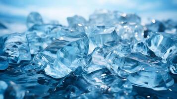 ai généré la glace cubes fermer avec bleu teintes, haute détail cristal clair la glace sur l'eau Contexte. photo