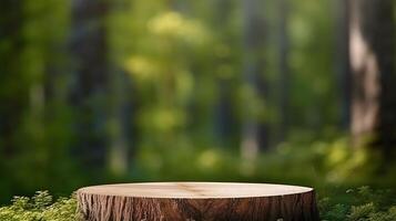 ai généré Naturel bois souche podium dans forêt paramètre, idéal pour respectueux de la nature produit afficher, rustique présentation rester, Extérieur marchandise vitrine. photo