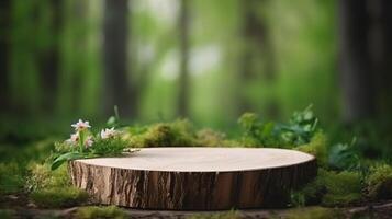 ai généré Naturel en bois souche podium dans forêt réglage pour respectueux de la nature produit afficher, parfait pour mettant en valeur biologique articles. photo