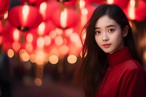 ai généré magnifique chinois femme célébrer à chinois lanterne Festival bokeh style Contexte avec génératif ai photo